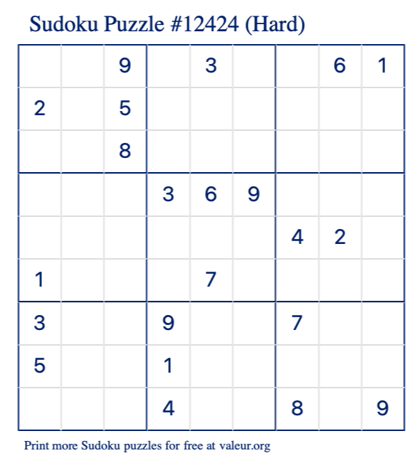 Free Printable Hard Sudoku Puzzle number 12424