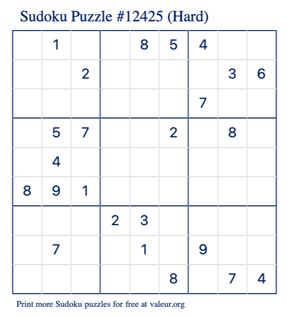 Free Printable Hard Sudoku Puzzle number 12425