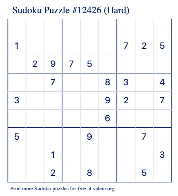 Free Printable Hard Sudoku Puzzle number 12426