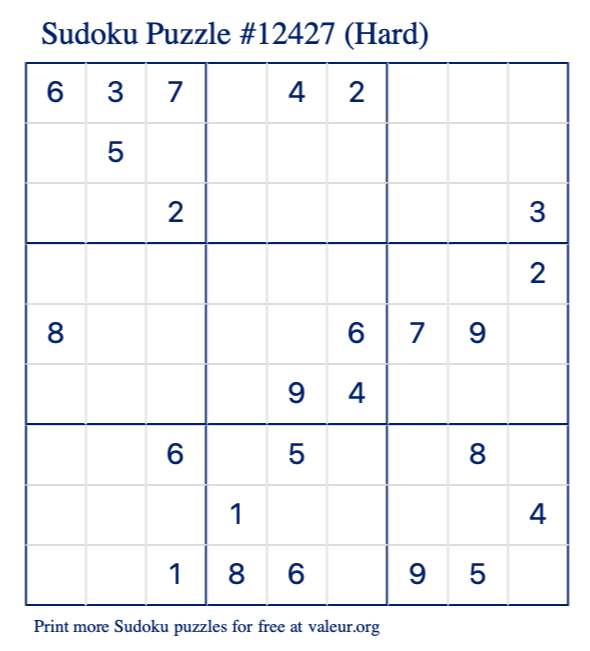 Free Printable Hard Sudoku Puzzle number 12427