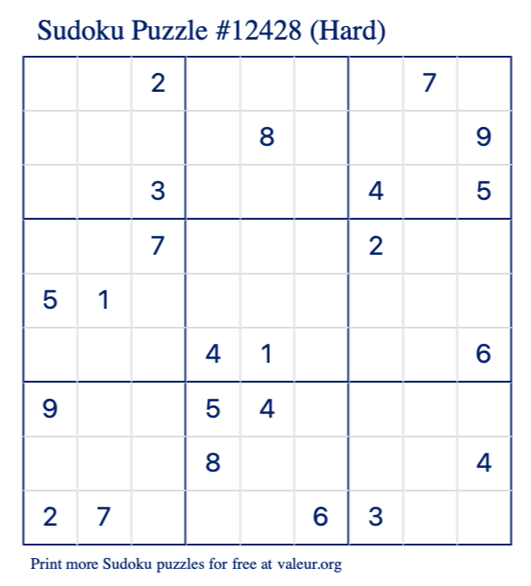 Free Printable Hard Sudoku Puzzle number 12428