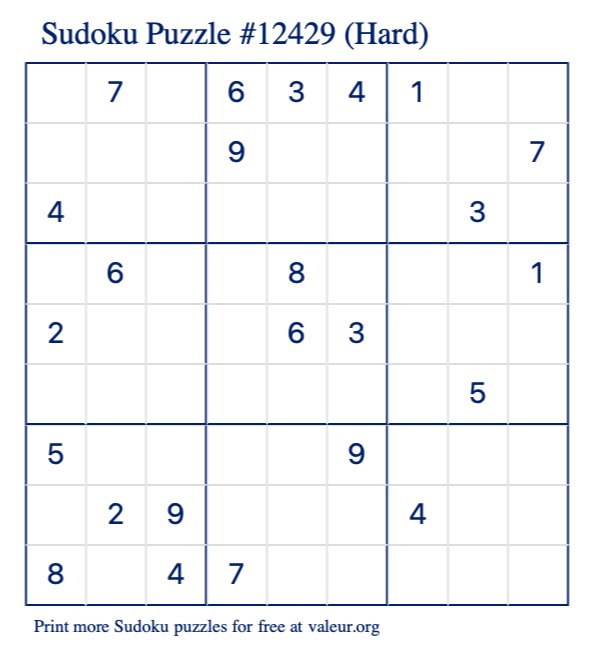 Free Printable Hard Sudoku Puzzle number 12429