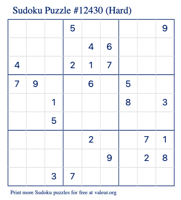 Free Printable Hard Sudoku Puzzle number 12430