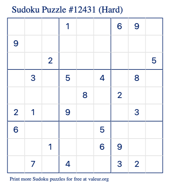 Free Printable Hard Sudoku Puzzle number 12431