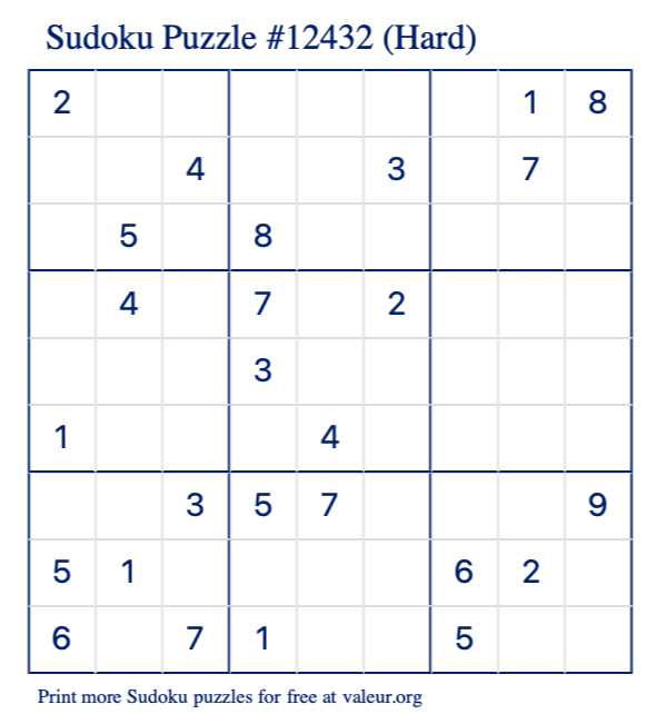 Free Printable Hard Sudoku Puzzle number 12432