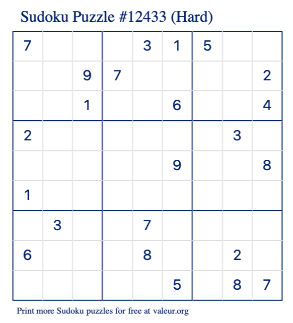 Free Printable Hard Sudoku Puzzle number 12433