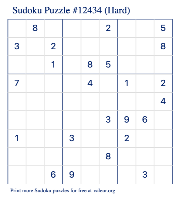 Free Printable Hard Sudoku Puzzle number 12434