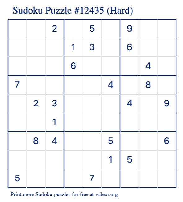 Free Printable Hard Sudoku Puzzle number 12435