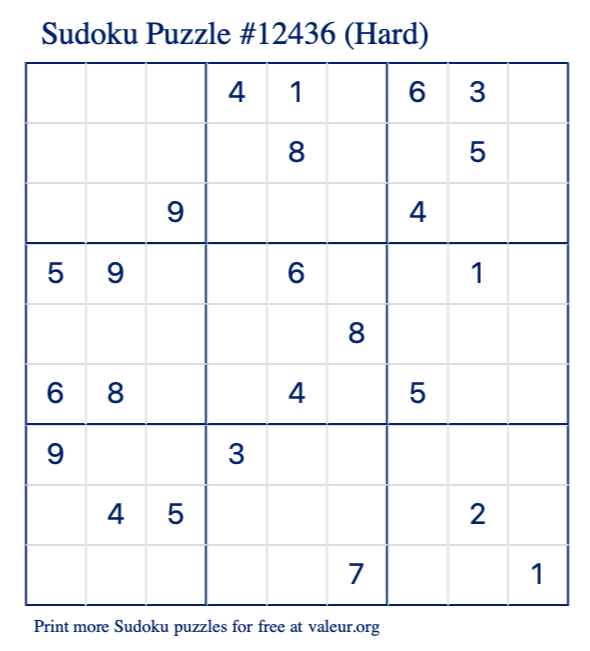 Free Printable Hard Sudoku Puzzle number 12436