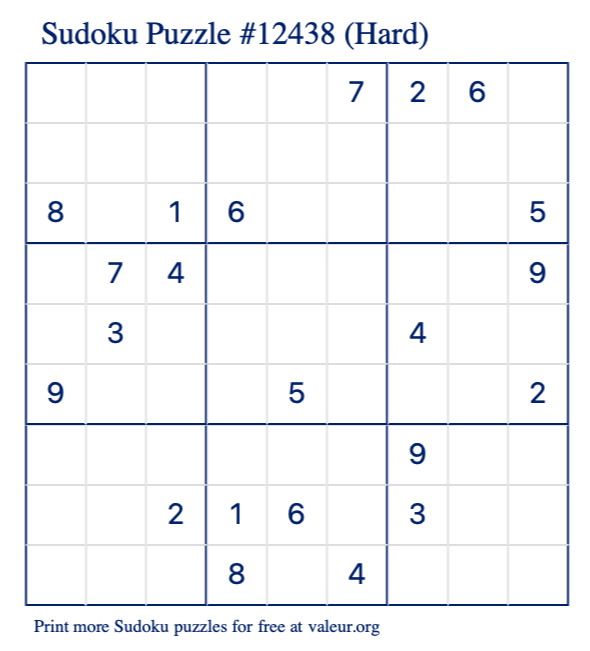 Free Printable Hard Sudoku Puzzle number 12438