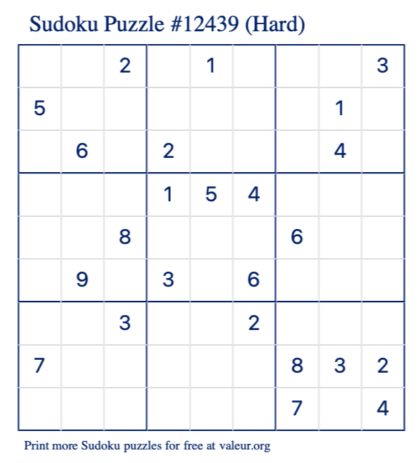 Free Printable Hard Sudoku Puzzle number 12439