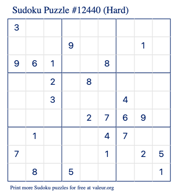 Free Printable Hard Sudoku Puzzle number 12440