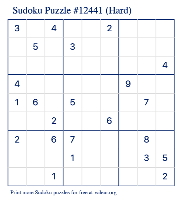 Free Printable Hard Sudoku Puzzle number 12441