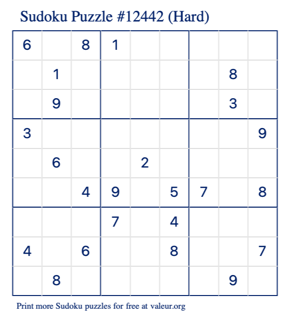 Free Printable Hard Sudoku Puzzle number 12442