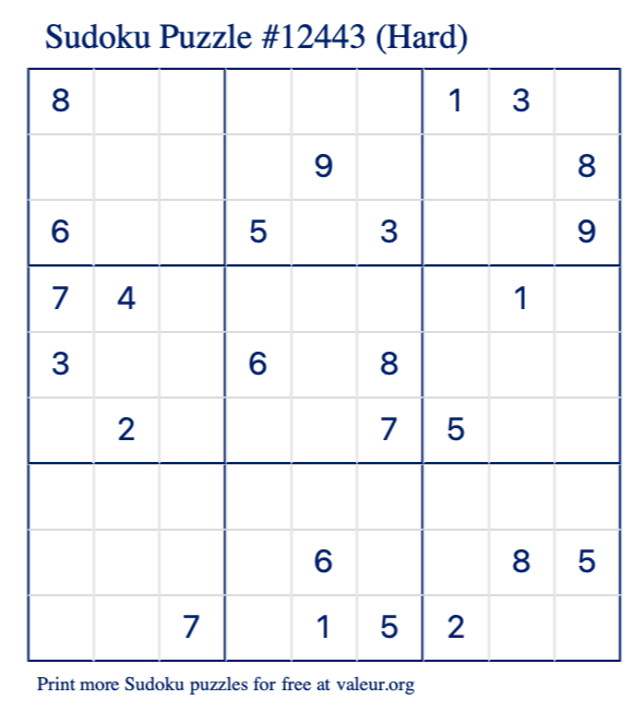 Free Printable Hard Sudoku Puzzle number 12443