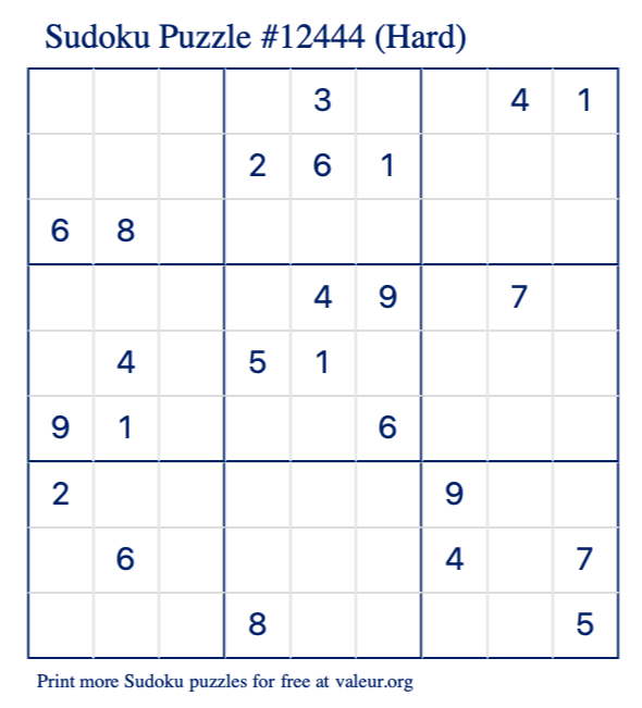 Free Printable Hard Sudoku Puzzle number 12444