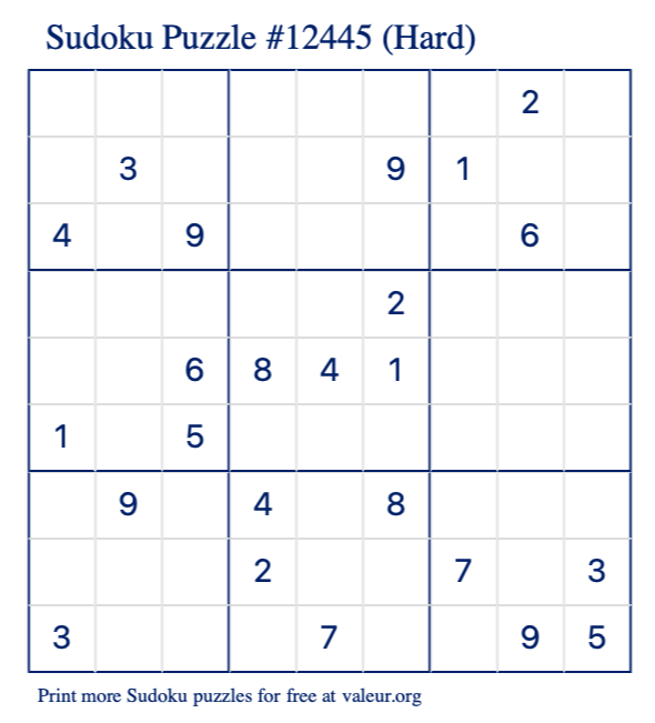 Free Printable Hard Sudoku Puzzle number 12445