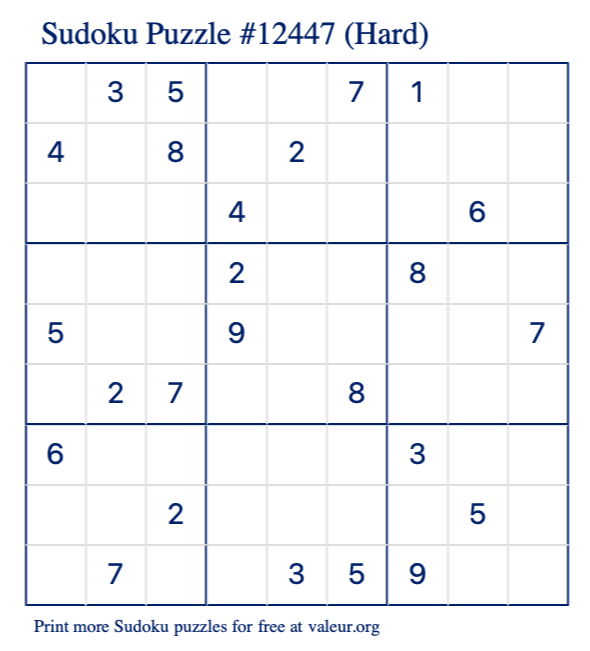 Free Printable Hard Sudoku Puzzle number 12447