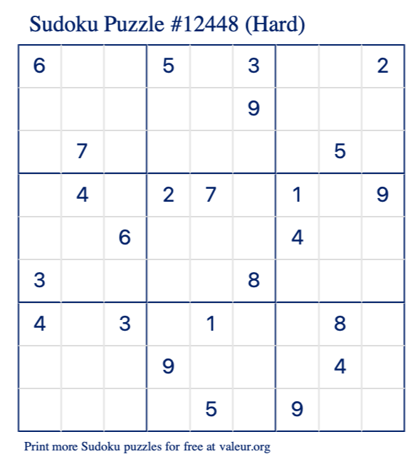 Free Printable Hard Sudoku Puzzle number 12448