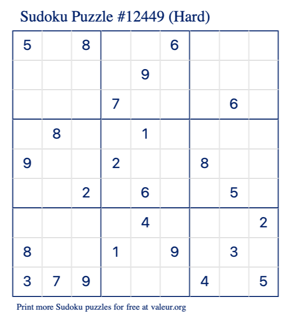 Free Printable Hard Sudoku Puzzle number 12449