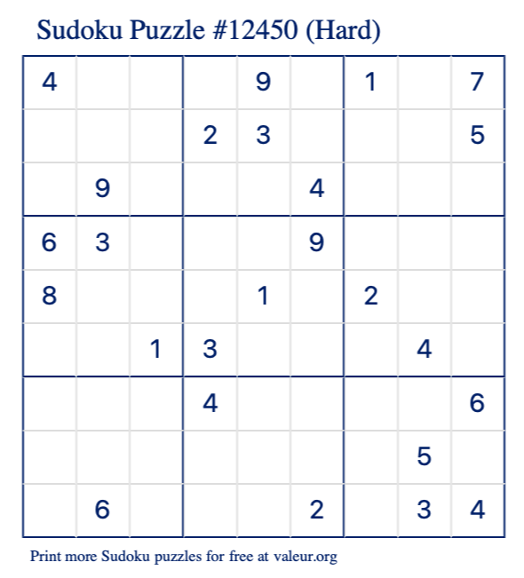 Free Printable Hard Sudoku Puzzle number 12450