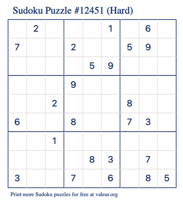 Free Printable Hard Sudoku Puzzle number 12451