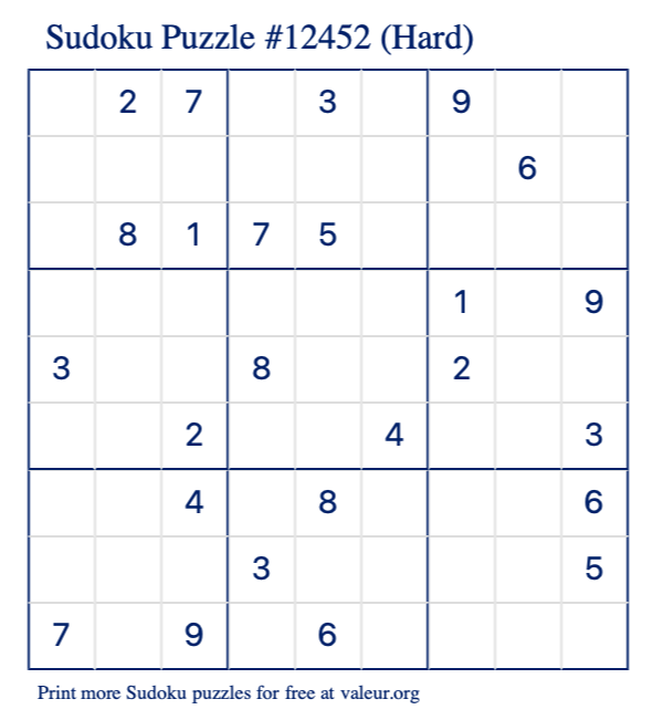 Free Printable Hard Sudoku Puzzle number 12452