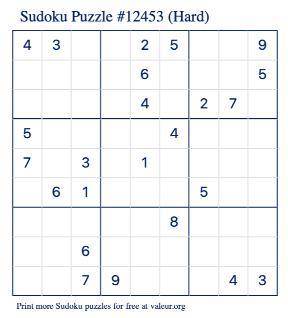 Free Printable Hard Sudoku Puzzle number 12453