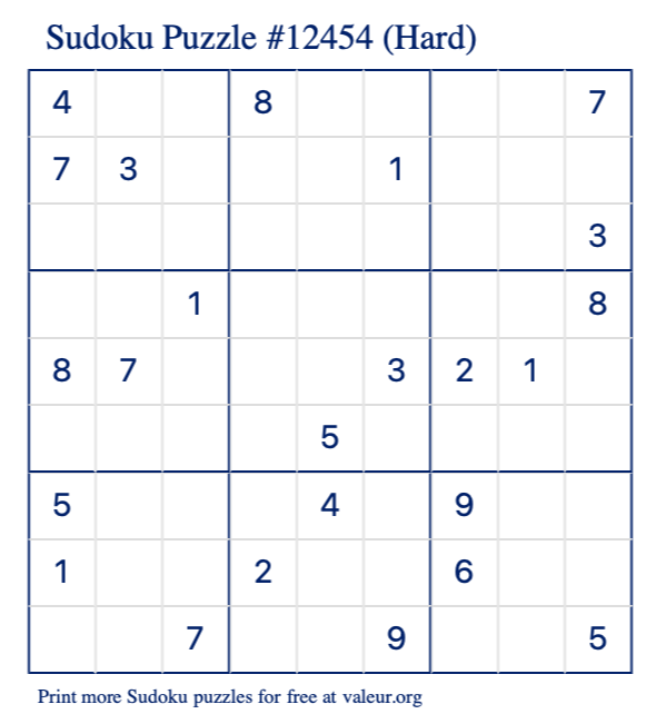 Free Printable Hard Sudoku Puzzle number 12454