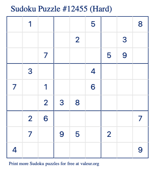 Free Printable Hard Sudoku Puzzle number 12455