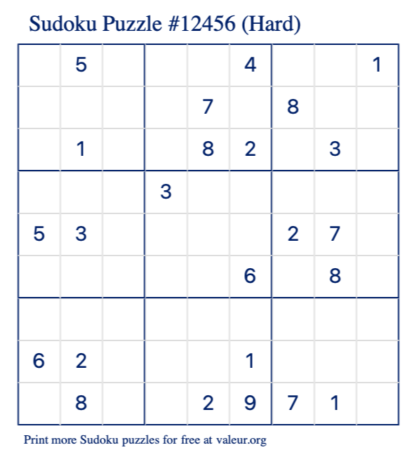 Free Printable Hard Sudoku Puzzle number 12456