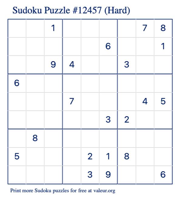 Free Printable Hard Sudoku Puzzle number 12457