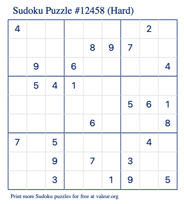 Free Printable Hard Sudoku Puzzle number 12458