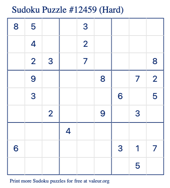 Free Printable Hard Sudoku Puzzle number 12459