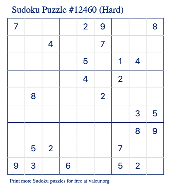 Free Printable Hard Sudoku Puzzle number 12460