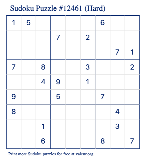 Free Printable Hard Sudoku Puzzle number 12461