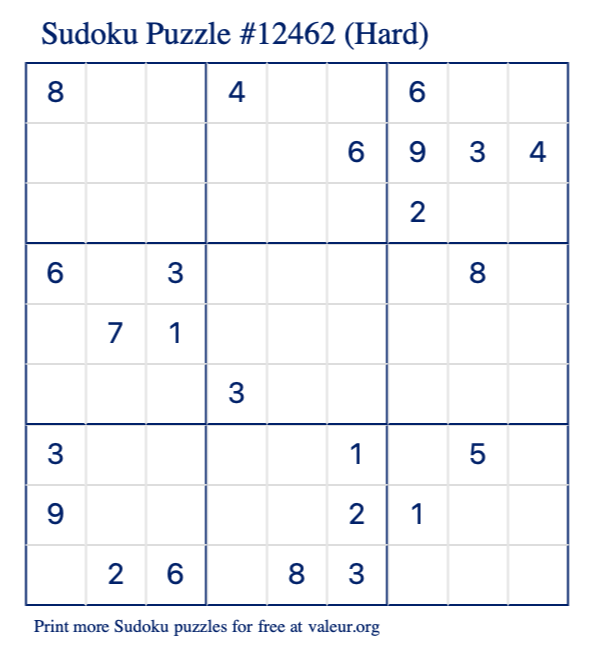 Free Printable Hard Sudoku Puzzle number 12462