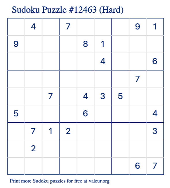 Free Printable Hard Sudoku Puzzle number 12463