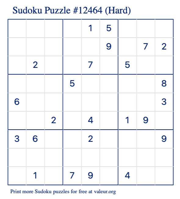 Free Printable Hard Sudoku Puzzle number 12464