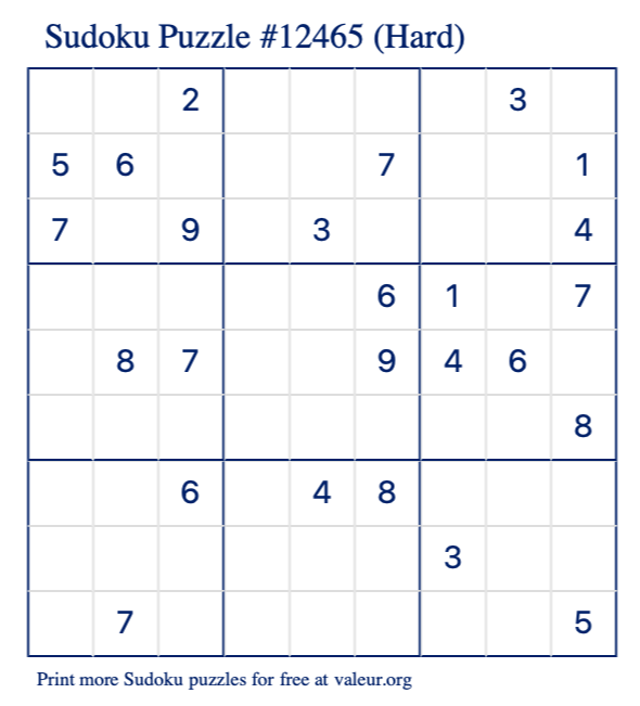 Free Printable Hard Sudoku Puzzle number 12465