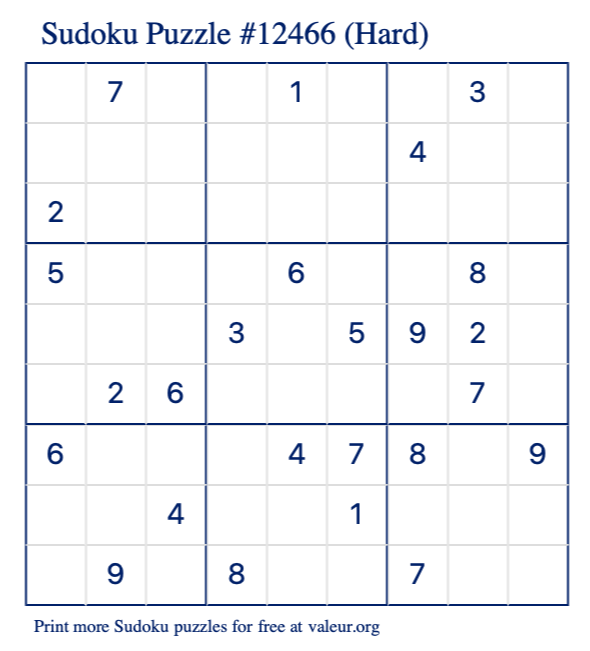 Free Printable Hard Sudoku Puzzle number 12466