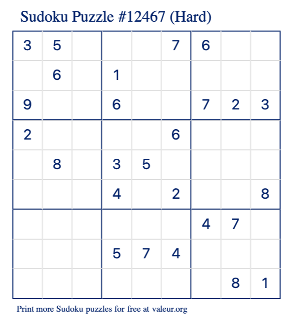 Free Printable Hard Sudoku Puzzle number 12467