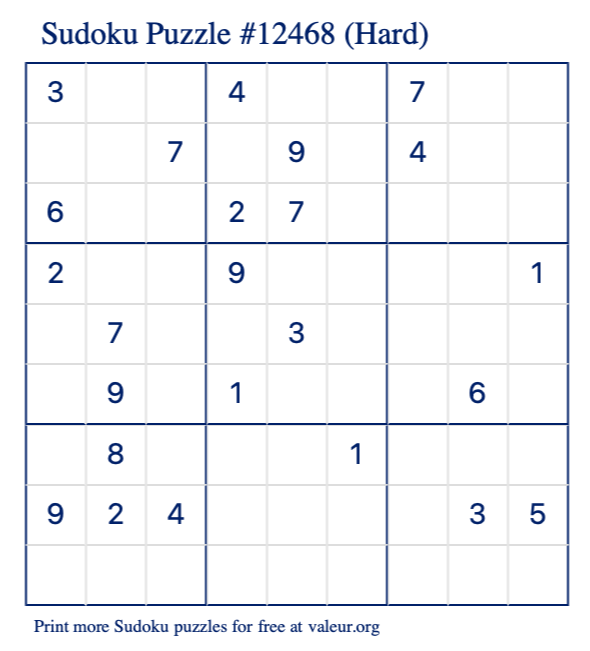 Free Printable Hard Sudoku Puzzle number 12468