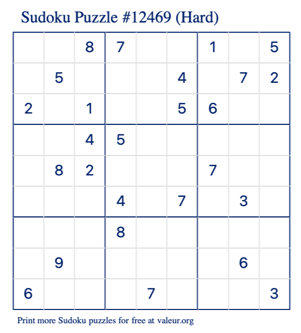 Free Printable Hard Sudoku Puzzle number 12469