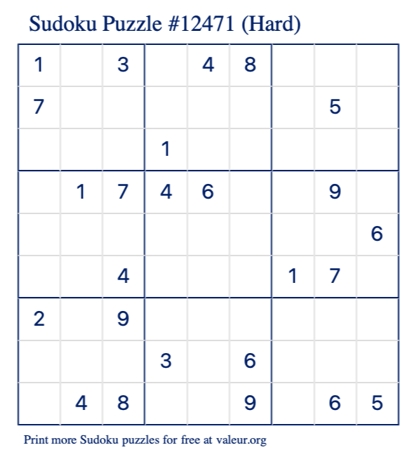 Free Printable Hard Sudoku Puzzle number 12471