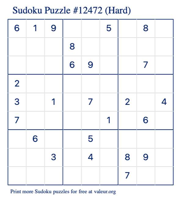 Free Printable Hard Sudoku Puzzle number 12472