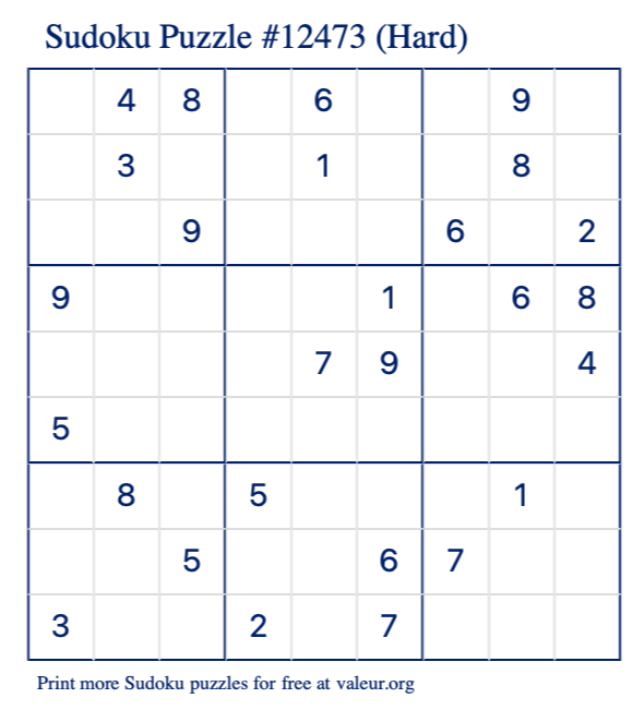 Free Printable Hard Sudoku Puzzle number 12473