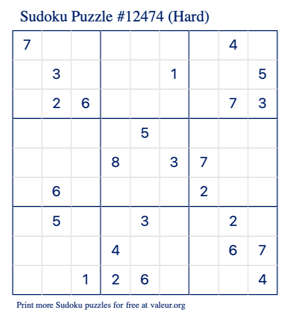 Free Printable Hard Sudoku Puzzle number 12474