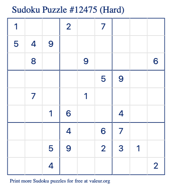 Free Printable Hard Sudoku Puzzle number 12475