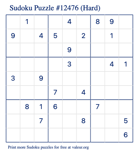 Free Printable Hard Sudoku Puzzle number 12476